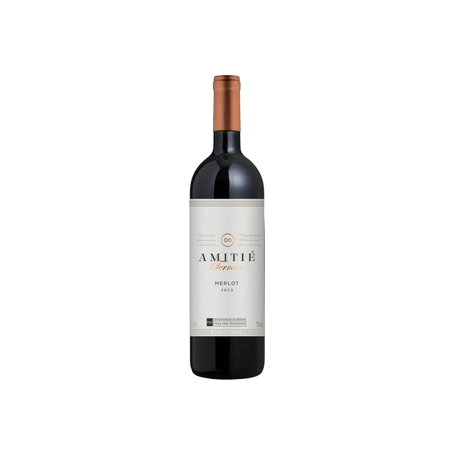 Garrafa do vinho Amitié Terroir Merlot DOVV safra 2023, Merlot brasileiro do Vale dos Vinhedos