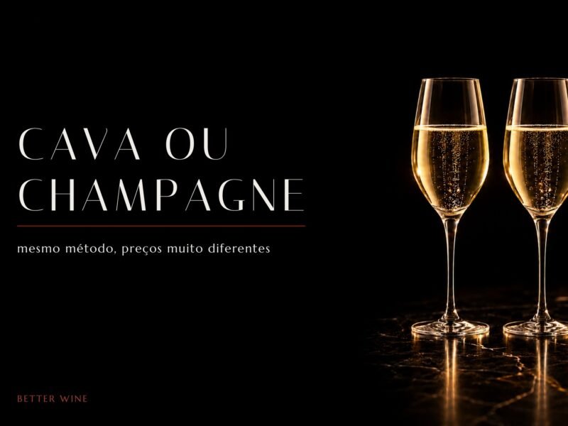 Duas taças de espumante em contraluz sobre fundo preto, com o título Cava ou Champagne.