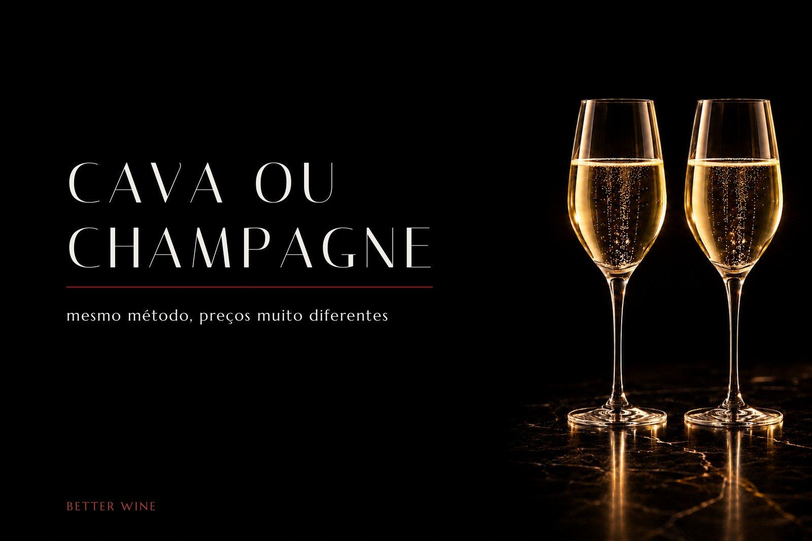 Duas taças de espumante em contraluz sobre fundo preto, com o título Cava ou Champagne.