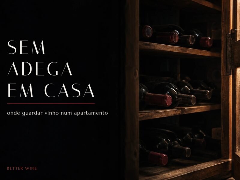 Garrafas de vinho deitadas em um armário de madeira escuro, com luz quente entrando pela porta à direita.