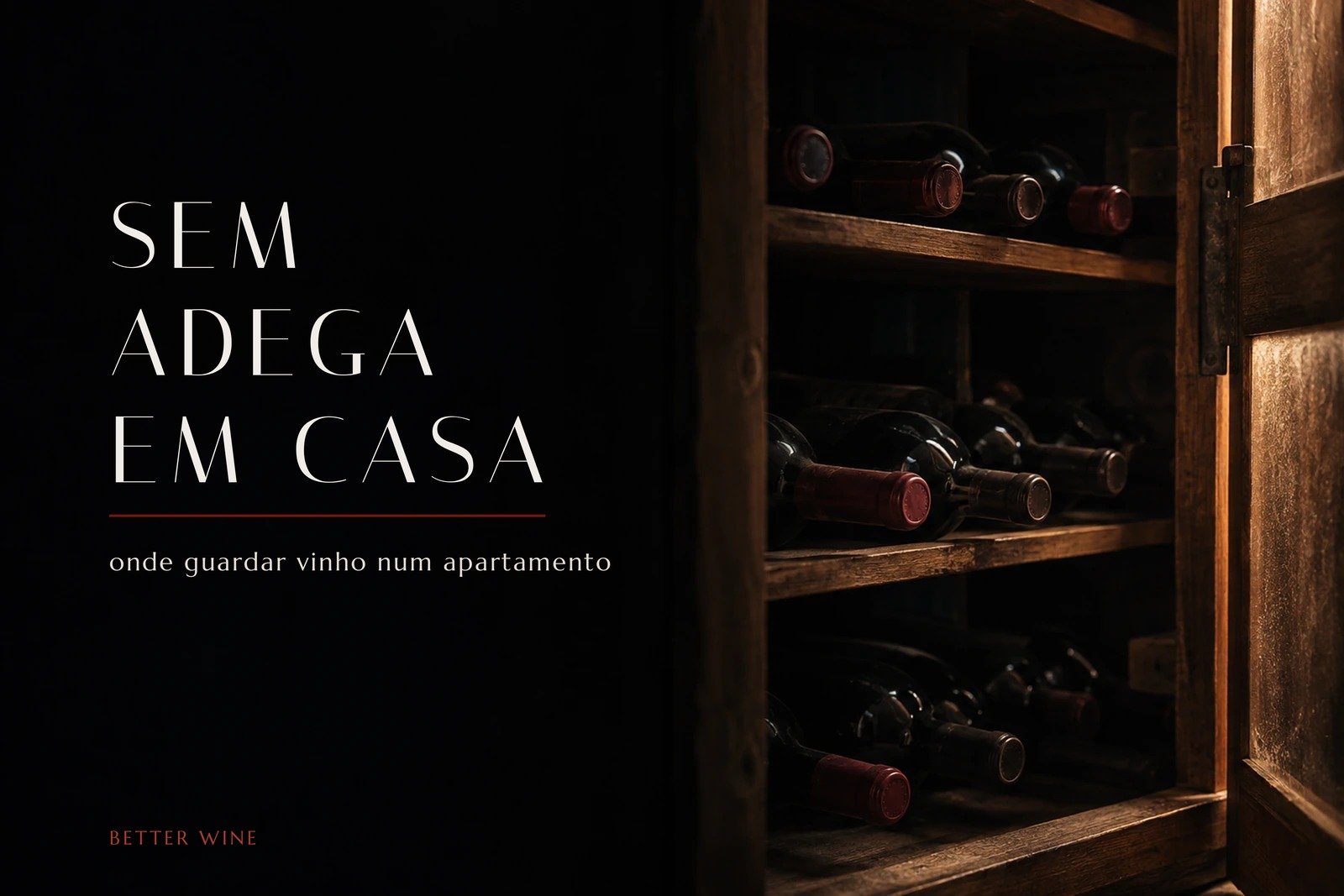Garrafas de vinho deitadas em um armário de madeira escuro, com luz quente entrando pela porta à direita.