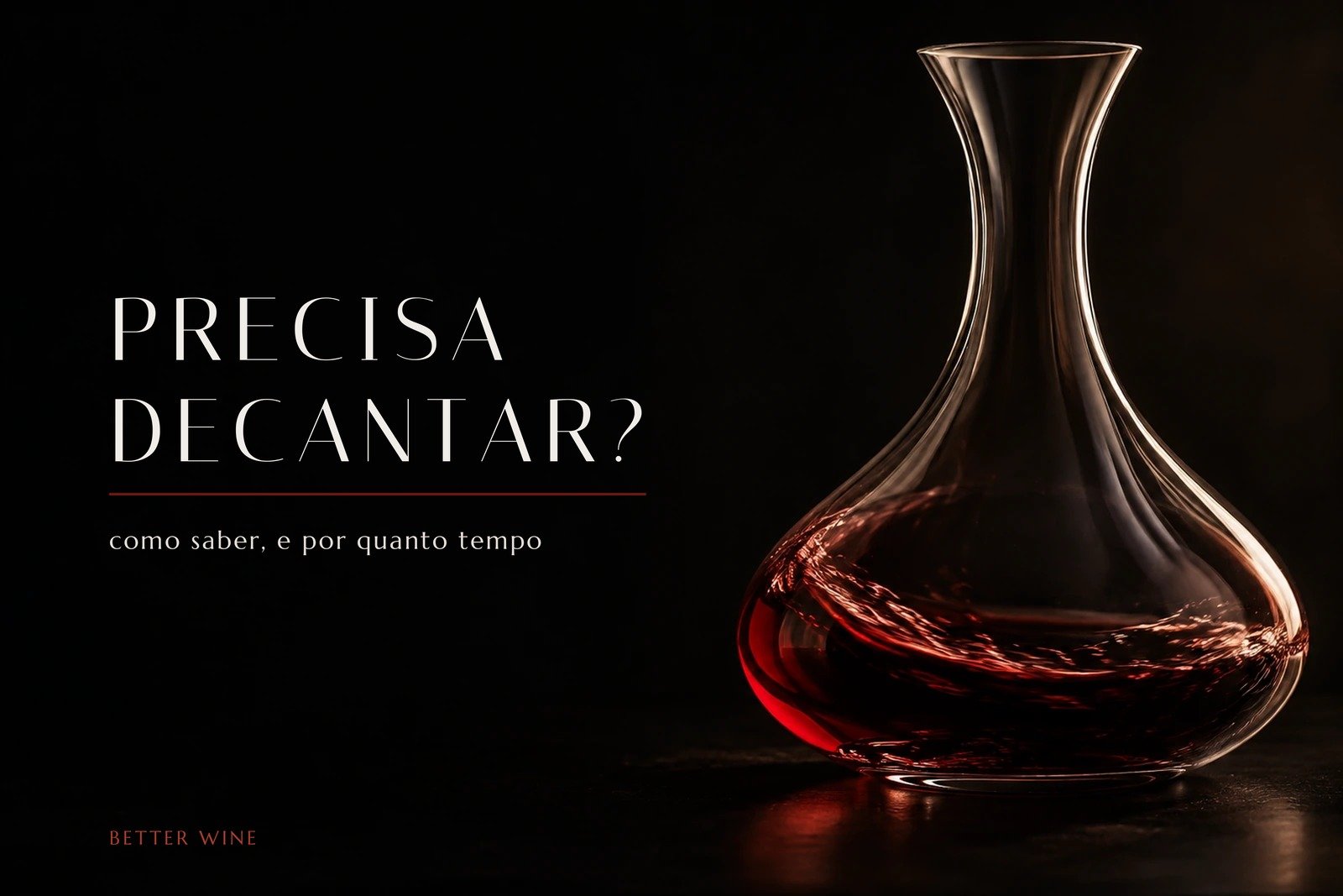 Vinho tinto em movimento dentro de um decanter de vidro, iluminado em contraluz sobre fundo preto.