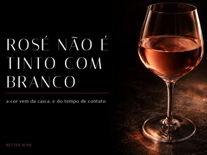 Taça de rosé iluminada por trás sobre fundo preto, com o título Rosé não é tinto com branco.