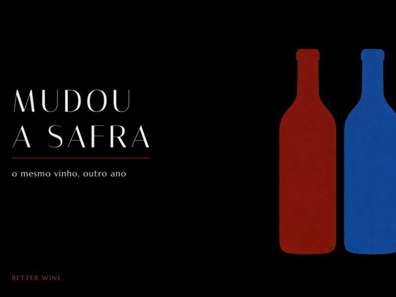 Ilustração chapada de duas garrafas do mesmo tamanho, uma em vinho e outra em azul, com o título Mudou a safra.
