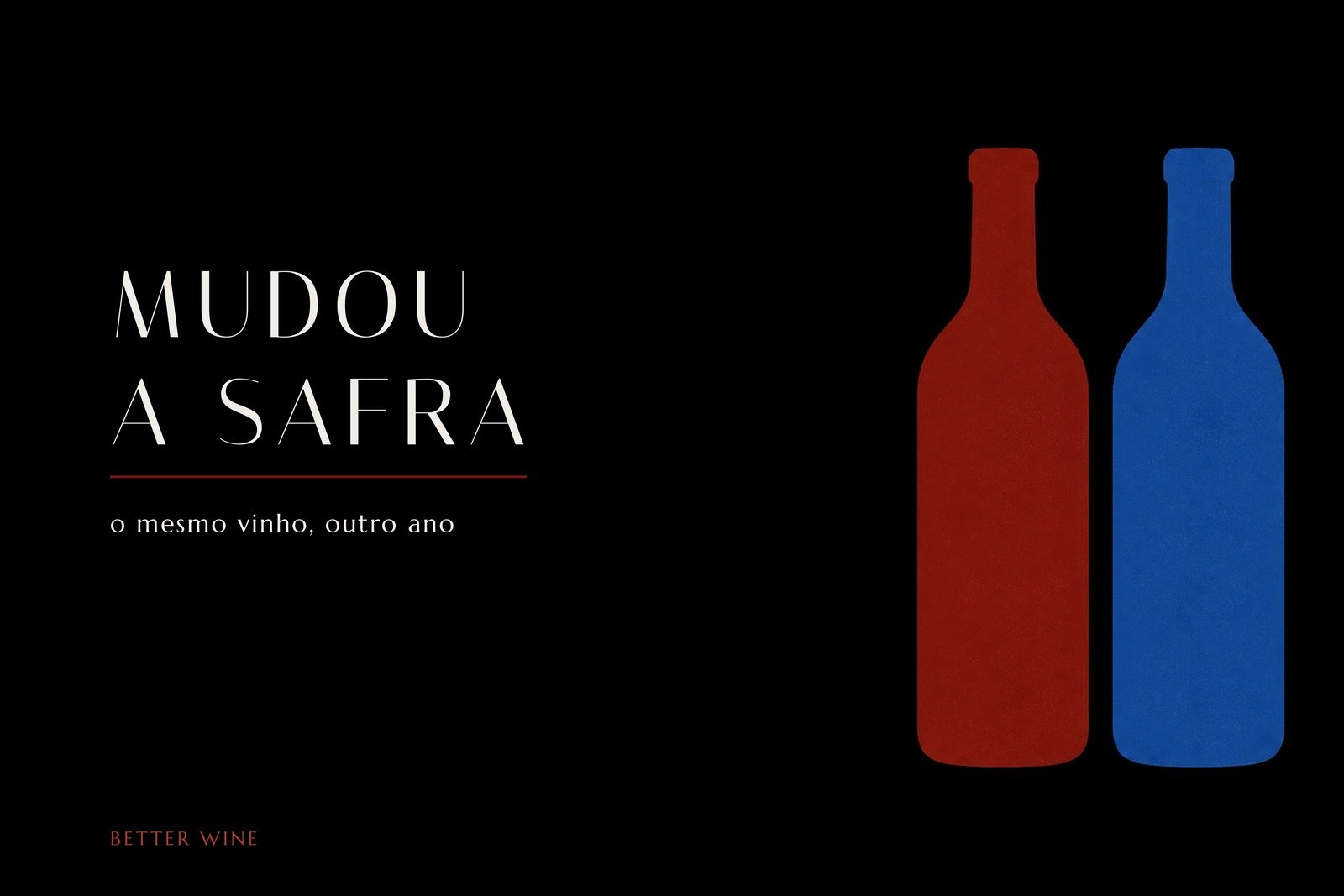 Ilustração chapada de duas garrafas do mesmo tamanho, uma em vinho e outra em azul, com o título Mudou a safra.