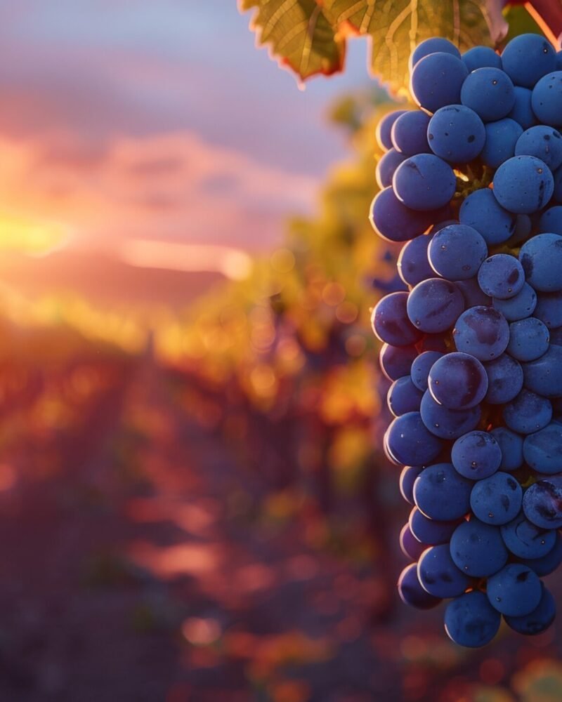 Cacho de uvas maduras no vinhedo ao pôr do sol na virada do inverno para a primavera