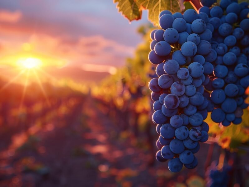 Cacho de uvas maduras no vinhedo ao pôr do sol na virada do inverno para a primavera