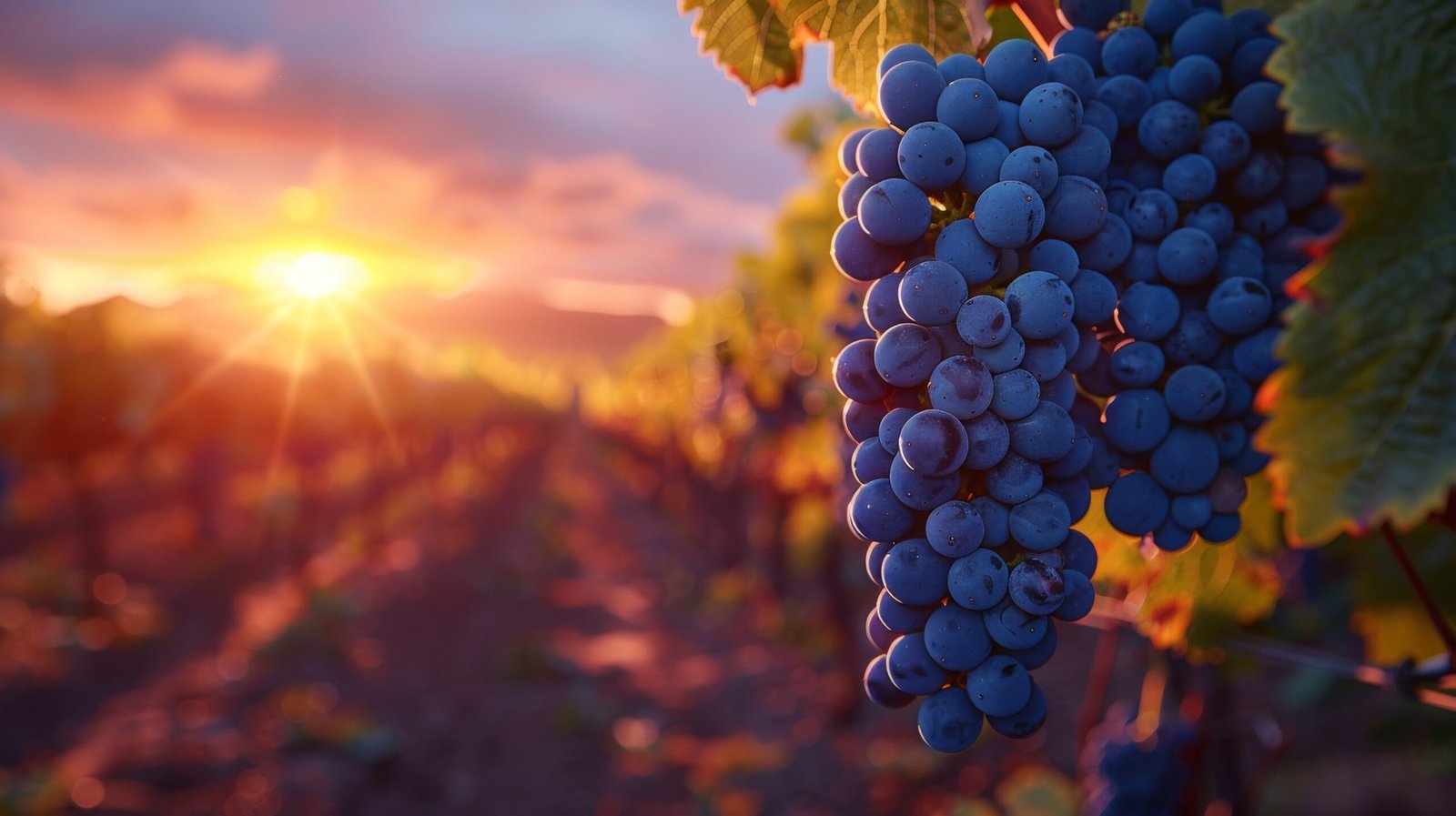 Cacho de uvas maduras no vinhedo ao pôr do sol na virada do inverno para a primavera