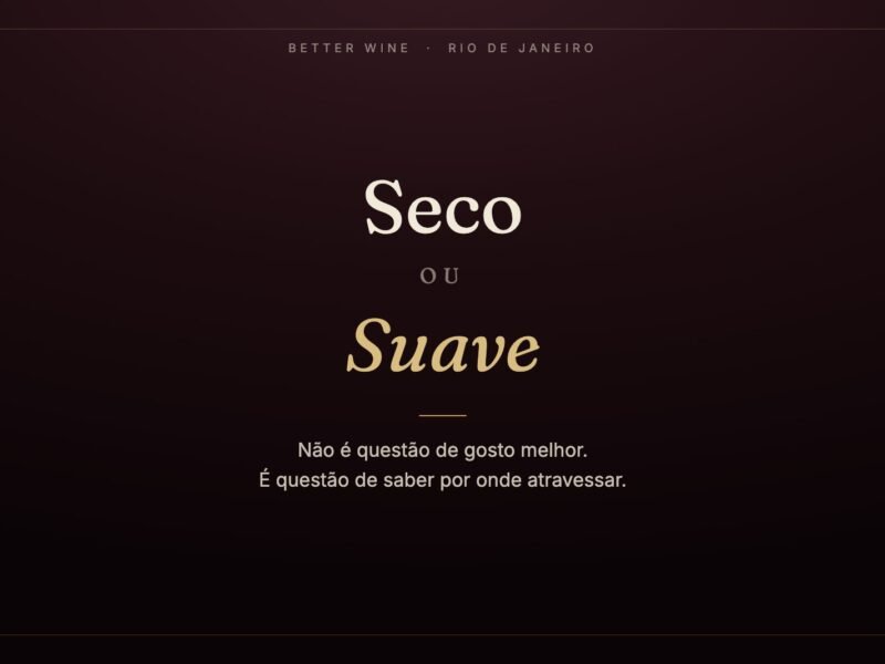Capa tipográfica da Better Wine com as palavras Seco ou Suave em fundo escuro e a frase: não é questão de gosto melhor, é questão de saber por onde atravessar