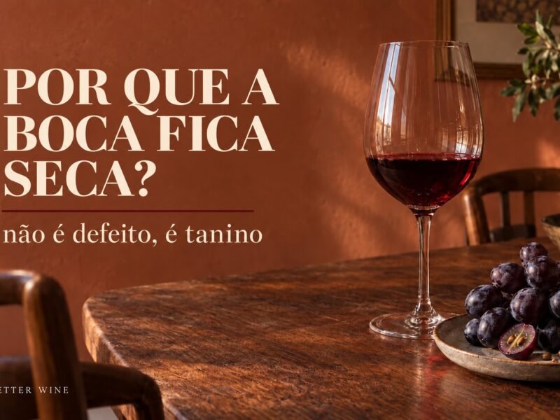 Taça de vinho tinto e uvas escuras sobre mesa de madeira, com parede terracota e o título “Por que a boca fica seca?”.