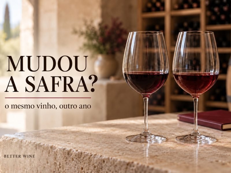 Duas taças de vinho tinto sobre bancada de pedra clara, com adega ao fundo e o título “Mudou a safra?”.