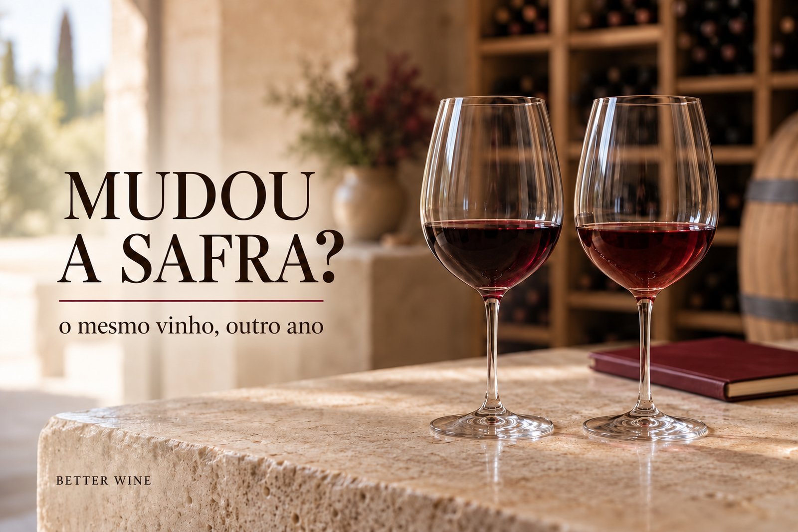 Duas taças de vinho tinto sobre bancada de pedra clara, com adega ao fundo e o título “Mudou a safra?”.