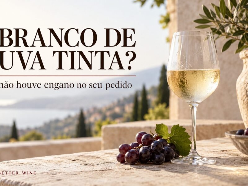 Taça de vinho branco e uvas escuras em terraço claro, com o título “Branco de uva tinta?”.