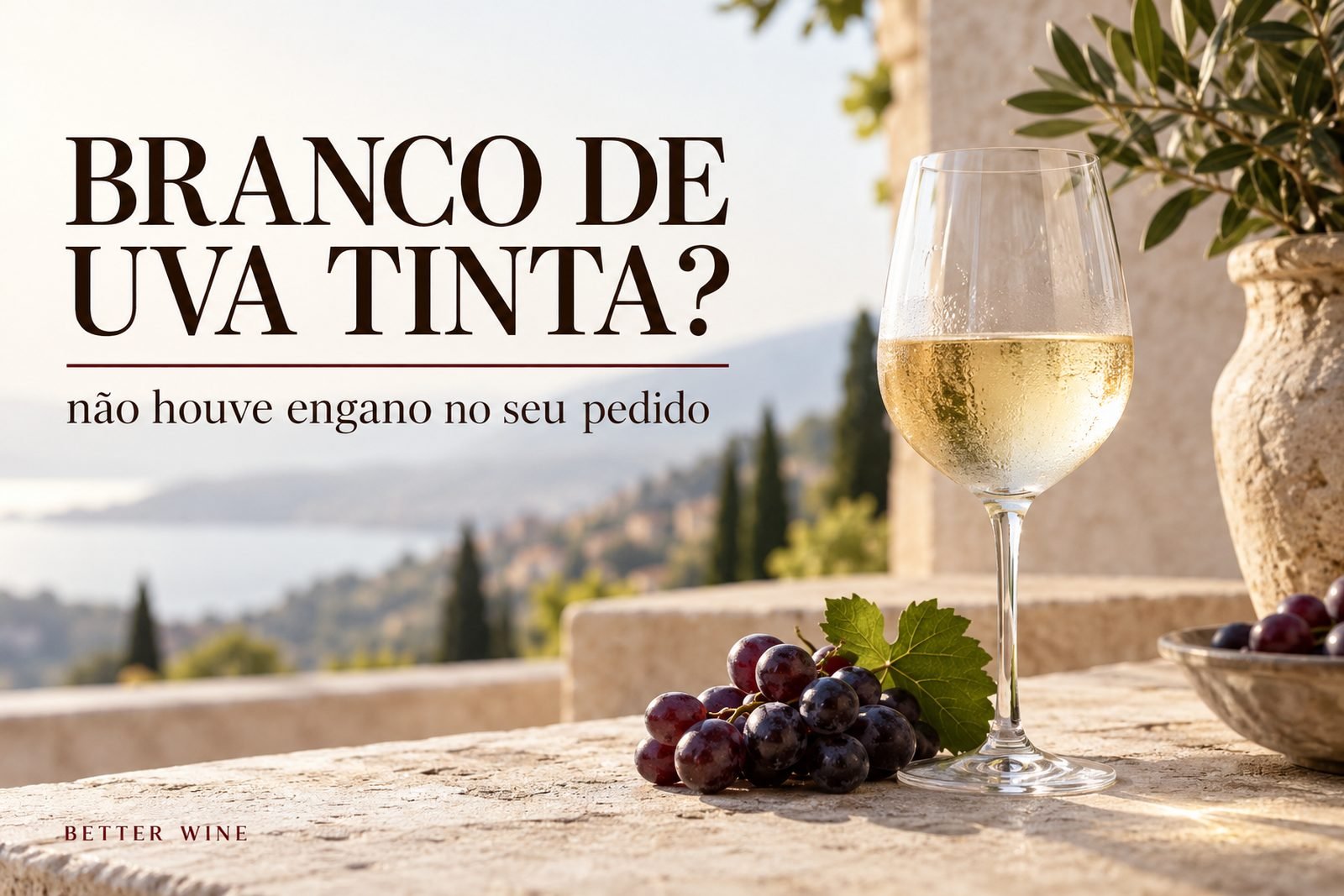 Taça de vinho branco e uvas escuras em terraço claro, com o título “Branco de uva tinta?”.
