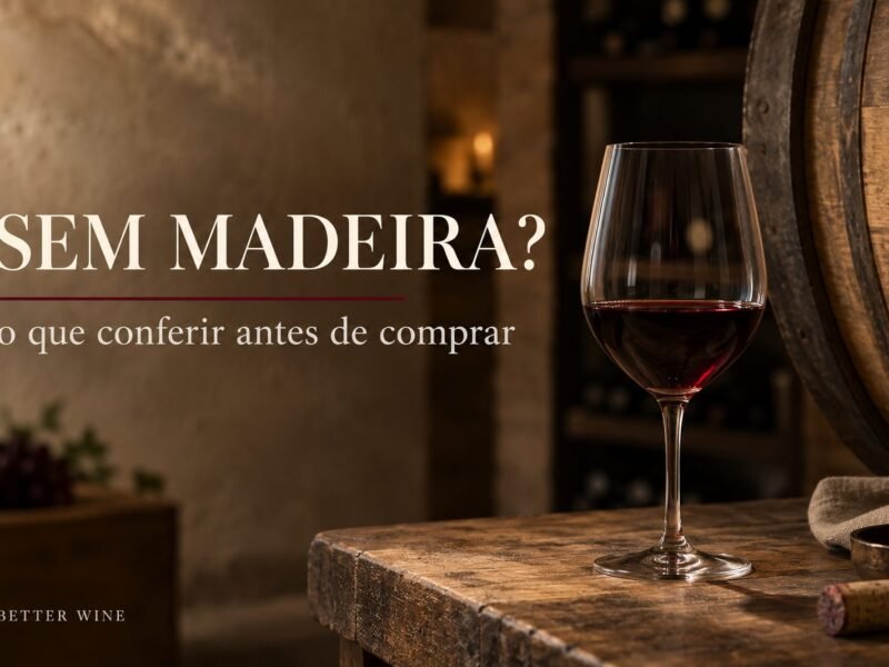 Taça de vinho tinto em bancada de degustação, com barrica ao fundo e o título “Sem madeira?”.