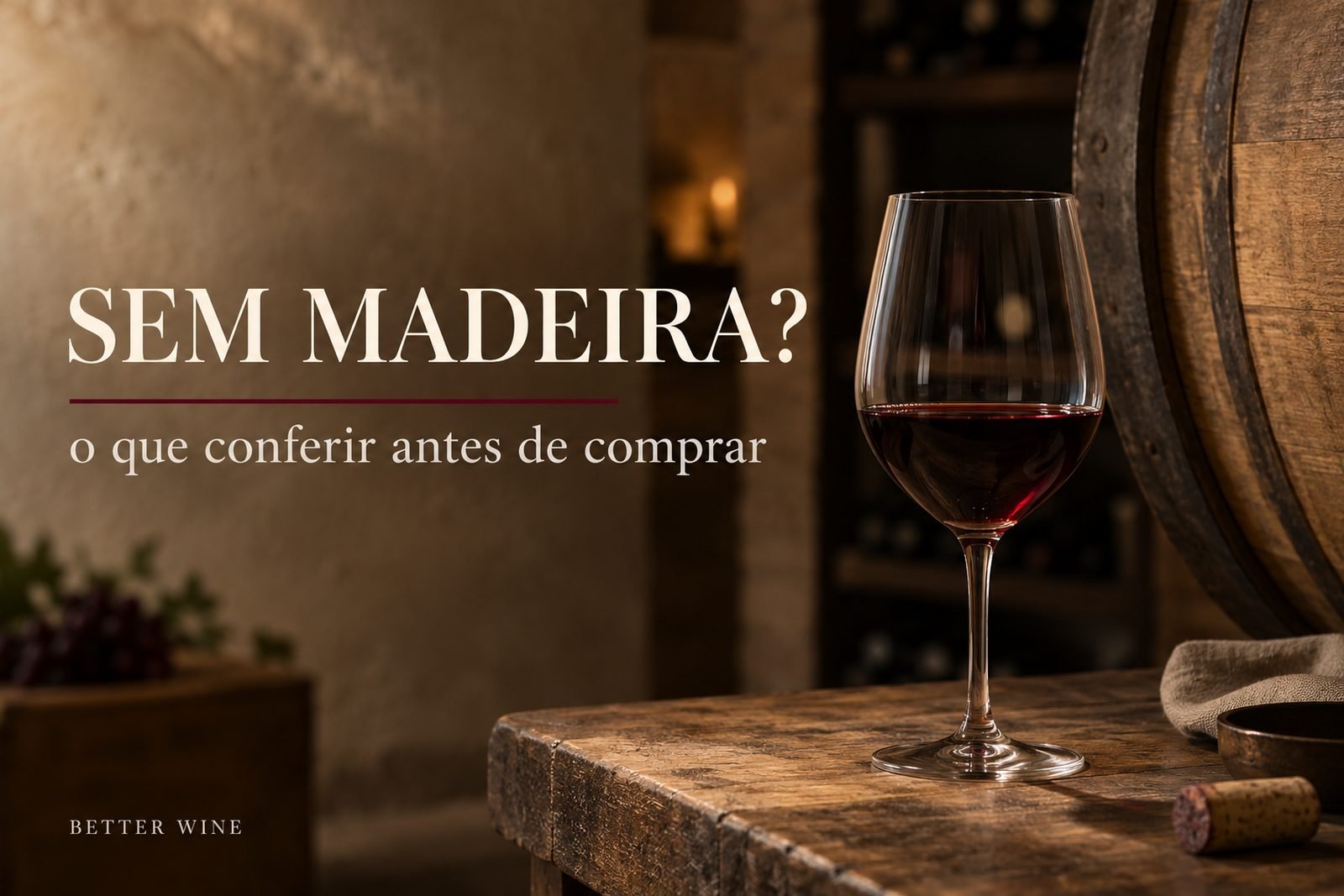 Taça de vinho tinto em bancada de degustação, com barrica ao fundo e o título “Sem madeira?”.