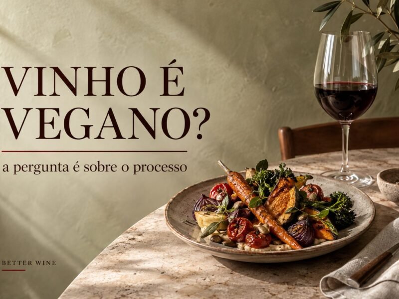 Refeição de vegetais e taça de vinho em mesa de jantar, com o título “Vinho é vegano?”.