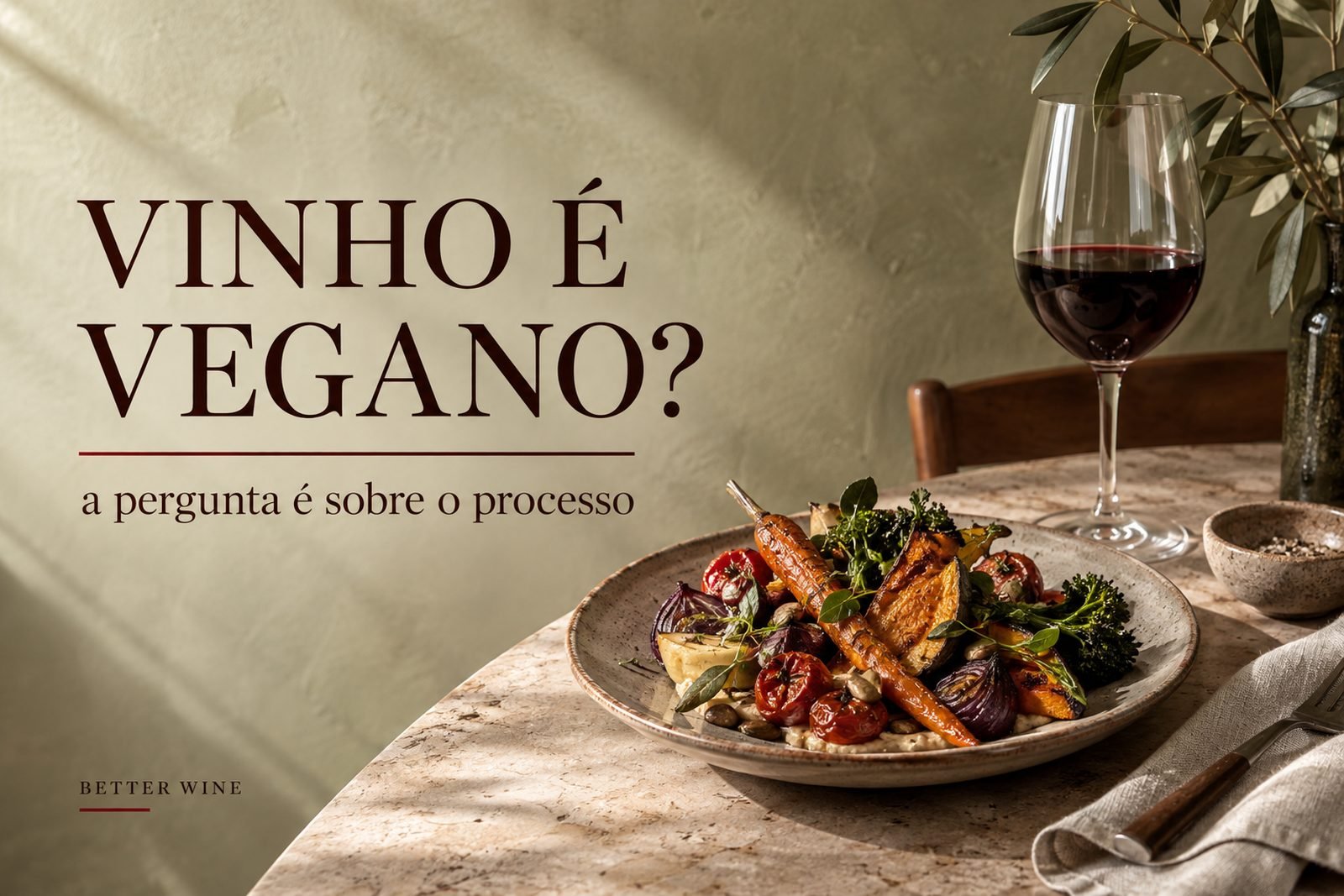 Refeição de vegetais e taça de vinho em mesa de jantar, com o título “Vinho é vegano?”.