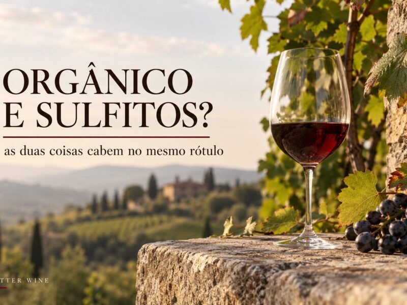 Taça de vinho tinto e uvas junto a um vinhedo. Texto: “Orgânico e sulfitos? As duas coisas cabem no mesmo rótulo.”