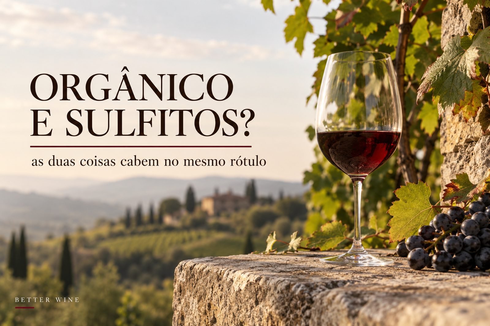 Taça de vinho tinto e uvas junto a um vinhedo. Texto: “Orgânico e sulfitos? As duas coisas cabem no mesmo rótulo.”