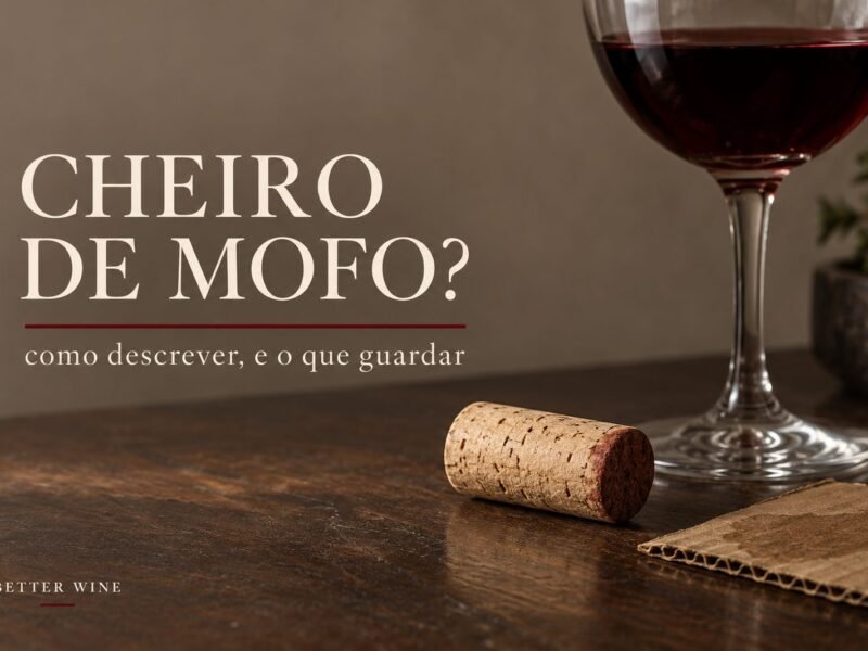 Rolha, papelão e taça de vinho sobre mesa de degustação, com o título “Cheiro de mofo?”.