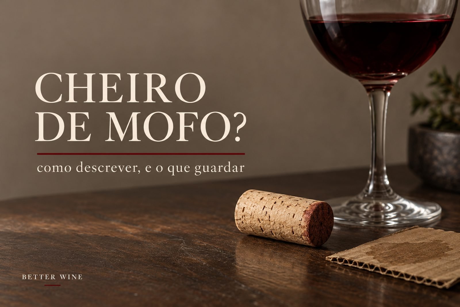 Rolha, papelão e taça de vinho sobre mesa de degustação, com o título “Cheiro de mofo?”.