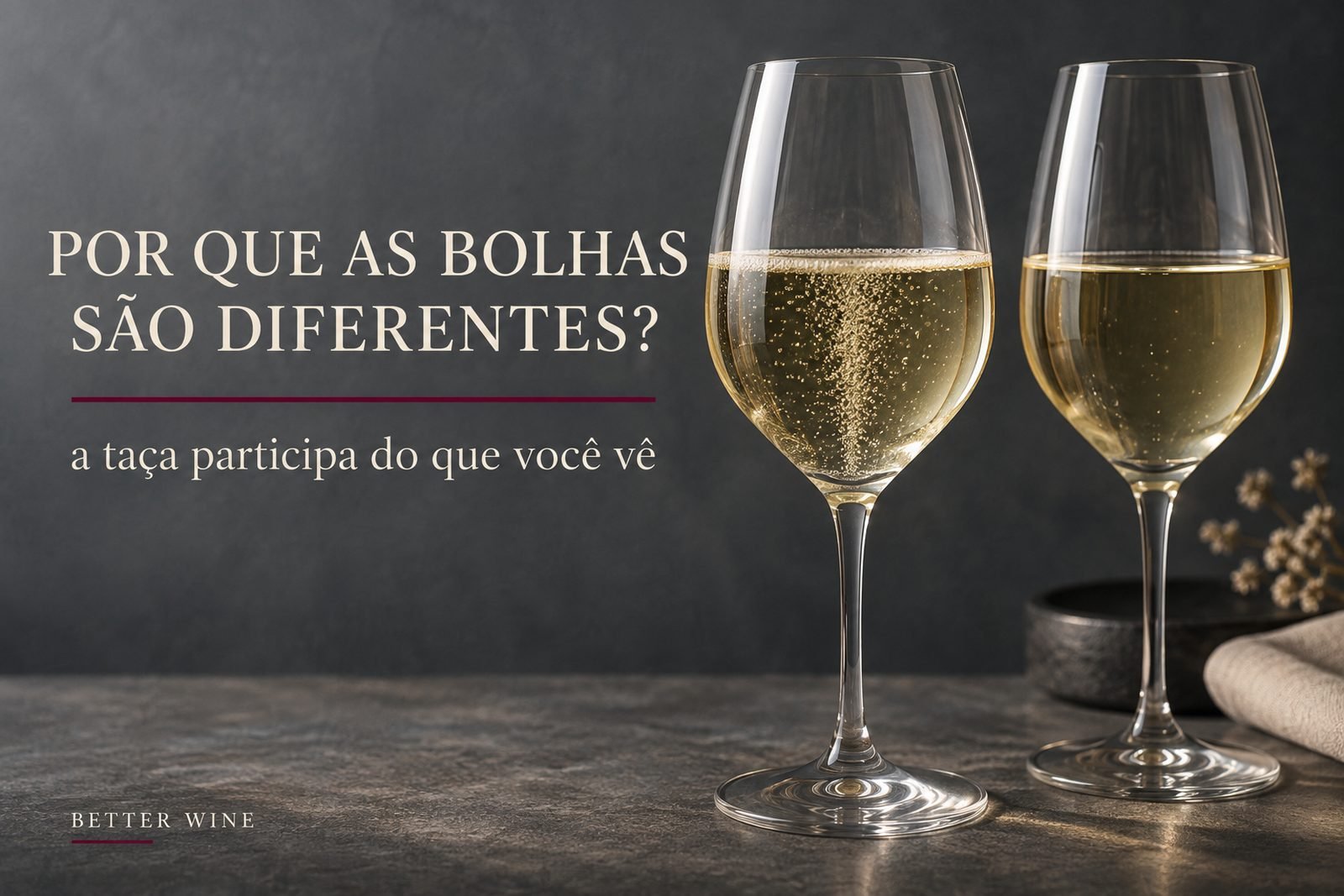 Duas taças de espumante, uma com mais bolhas visíveis, com o título “Por que as bolhas são diferentes?”.