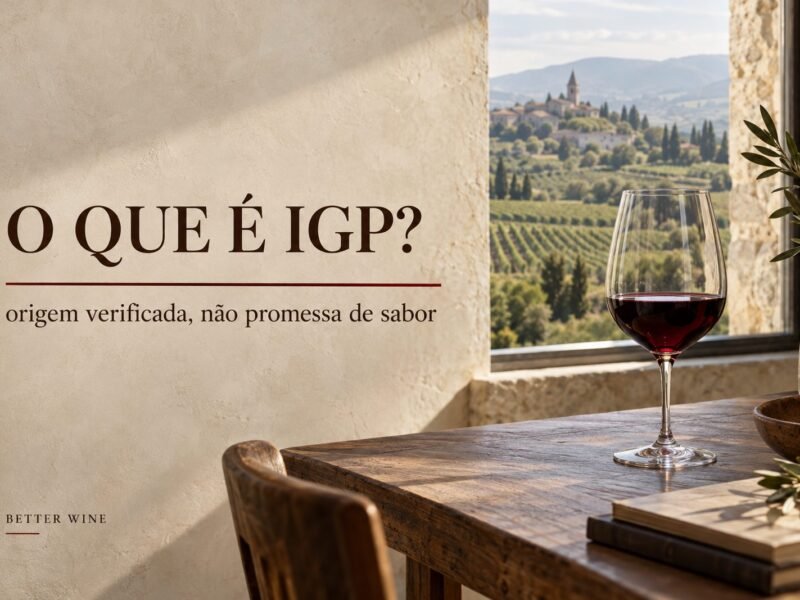 Mesa de degustação diante de uma paisagem de vinhedos, com o título “O que é IGP?”.