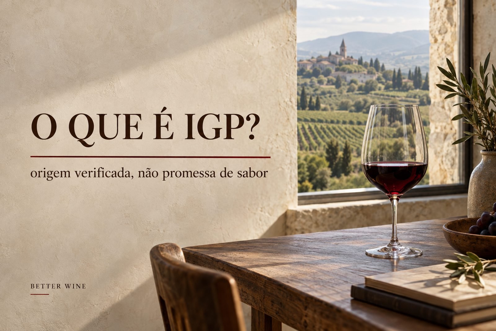 Mesa de degustação diante de uma paisagem de vinhedos, com o título “O que é IGP?”.
