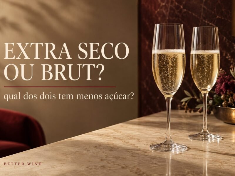 Duas taças de espumante sobre bancada clara, com o título “Extra seco ou brut?” e pergunta sobre açúcar.