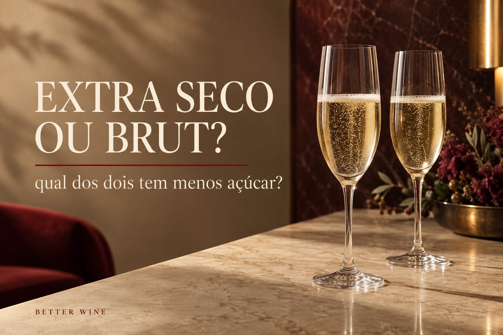 Duas taças de espumante sobre bancada clara, com o título “Extra seco ou brut?” e pergunta sobre açúcar.