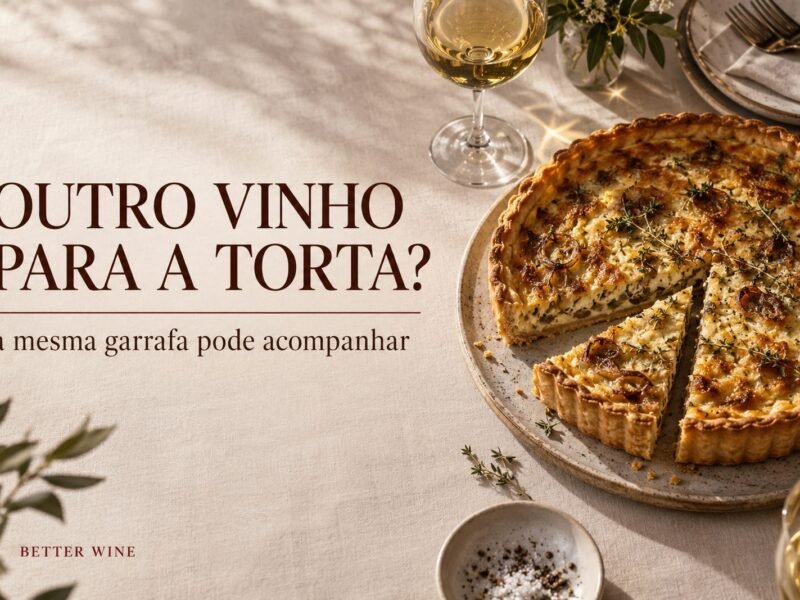 Torta salgada com fatia cortada e taça de espumante em mesa posta, com o título “Outro vinho para a torta?”.