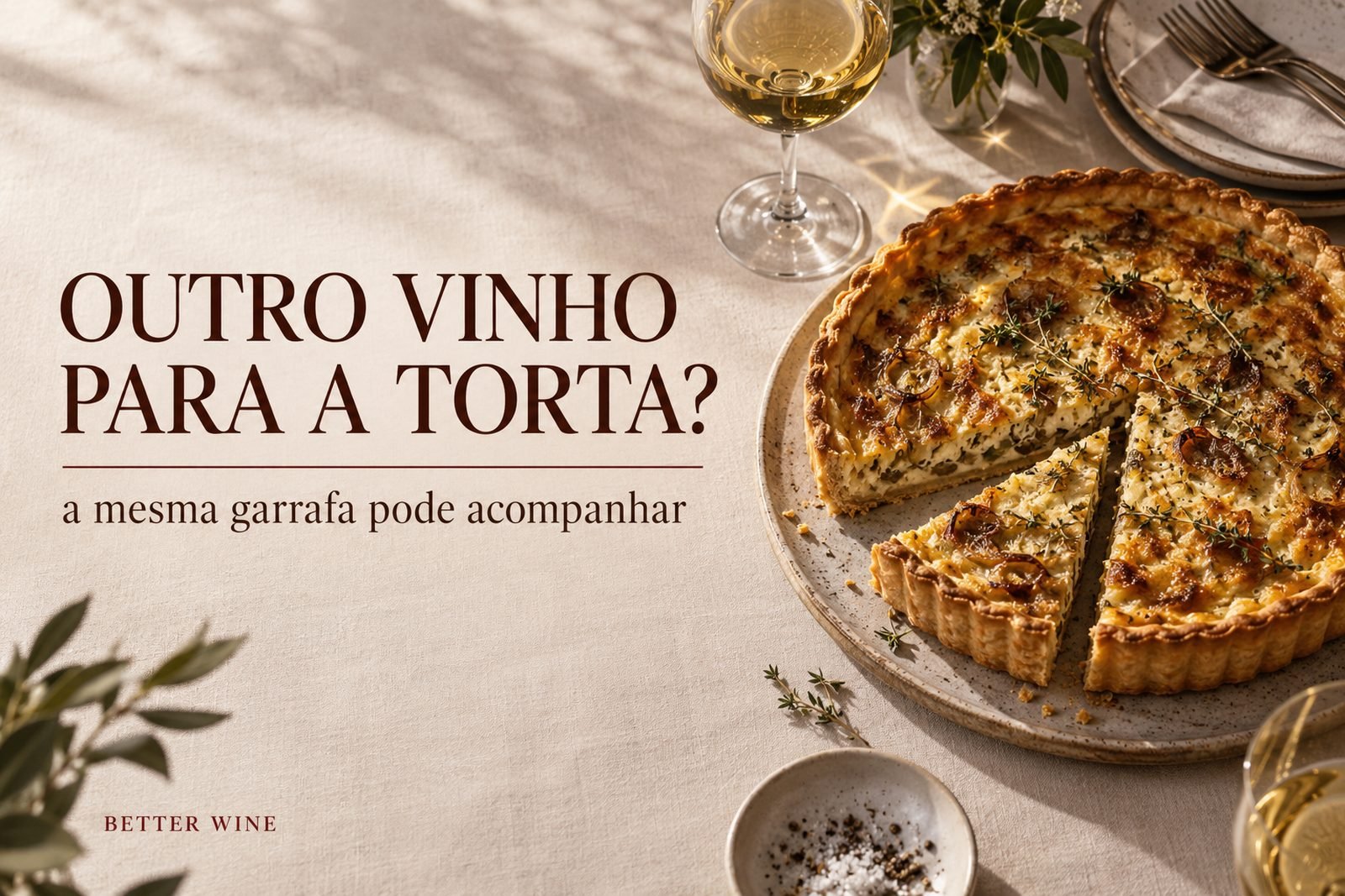 Torta salgada com fatia cortada e taça de espumante em mesa posta, com o título “Outro vinho para a torta?”.