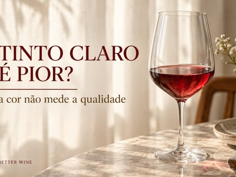 Taça de vinho rubi claro iluminada pela janela, com o título “Tinto claro é pior?”.