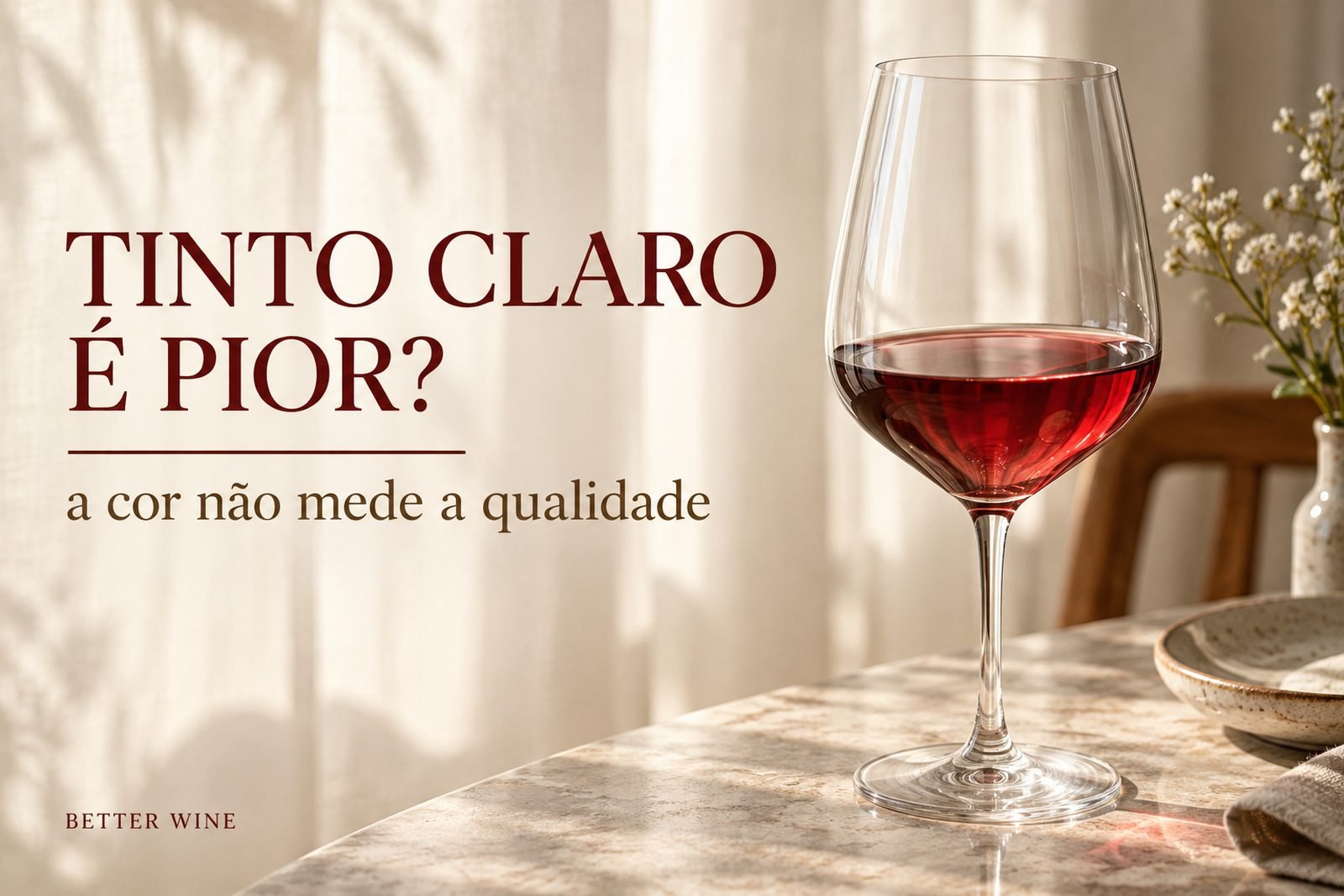 Taça de vinho rubi claro iluminada pela janela, com o título “Tinto claro é pior?”.