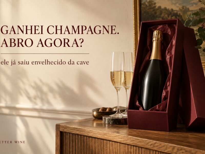 Garrafa de espumante sem rótulo legível em caixa de presente bordô, com o título “Ganhei Champagne. Abro agora?”.
