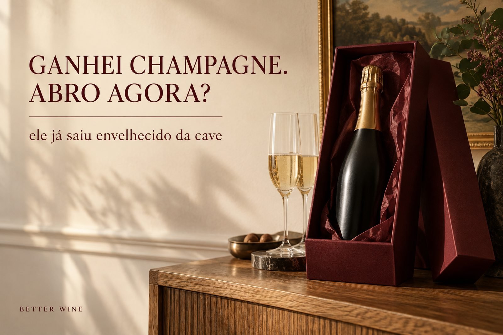 Garrafa de espumante sem rótulo legível em caixa de presente bordô, com o título “Ganhei Champagne. Abro agora?”.