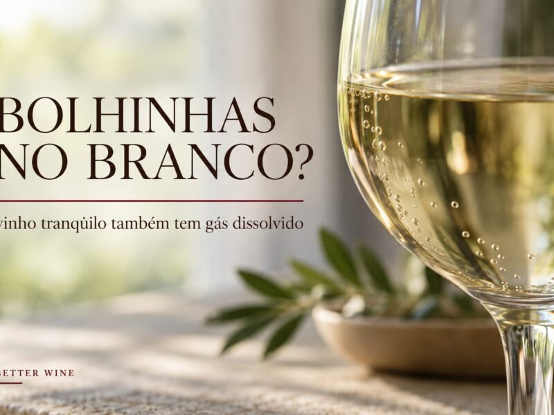 Detalhe de vinho branco com pequenas bolhas aderidas ao vidro, em luz de manhã, com o título “Bolhinhas no branco?”.