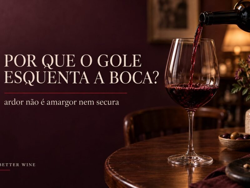 Vinho tinto servido em taça sobre mesa de madeira, em ambiente de jantar, com o título “Por que o gole esquenta a boca?”.