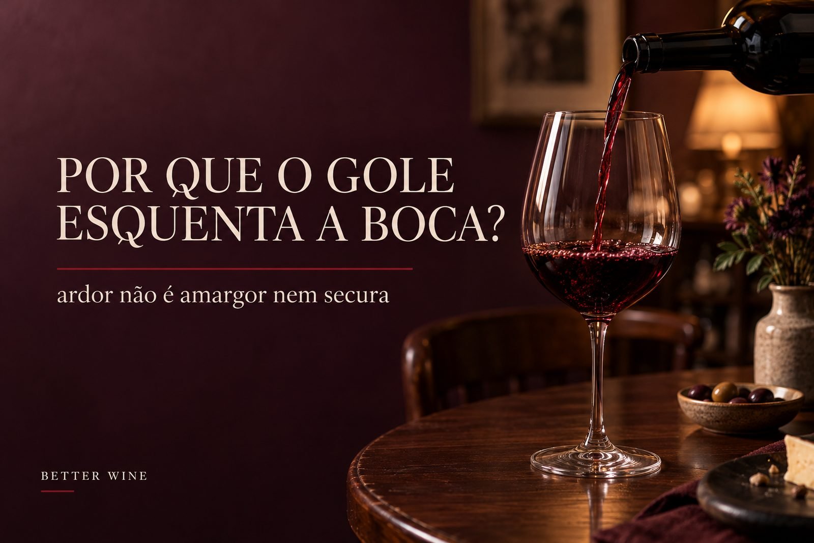 Vinho tinto servido em taça sobre mesa de madeira, em ambiente de jantar, com o título “Por que o gole esquenta a boca?”.