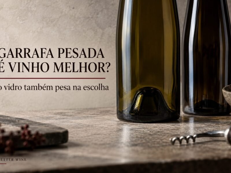 Detalhe das bases de duas garrafas de vinho sobre bancada clara, com o título “Garrafa pesada é vinho melhor?”.