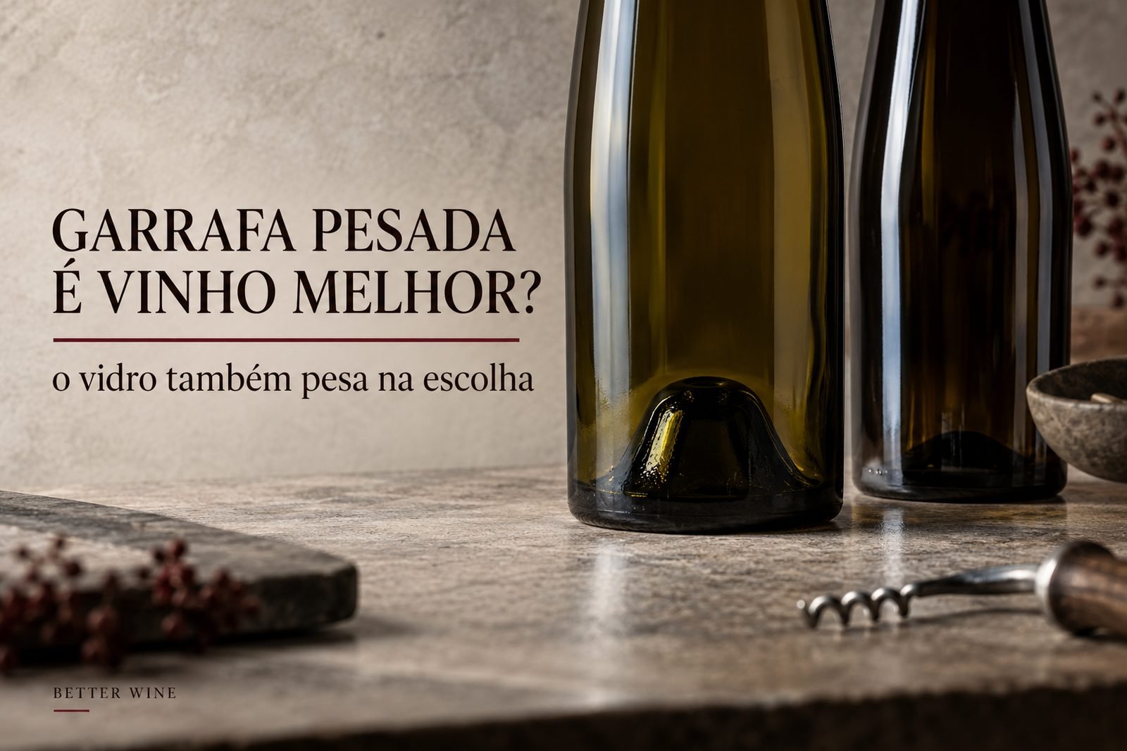 Detalhe das bases de duas garrafas de vinho sobre bancada clara, com o título “Garrafa pesada é vinho melhor?”.