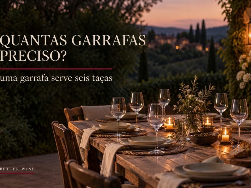 Mesa preparada para receber convidados ao entardecer, com taças e o título “Quantas garrafas preciso?”.