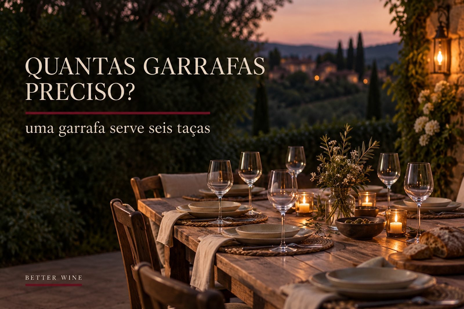 Mesa preparada para receber convidados ao entardecer, com taças e o título “Quantas garrafas preciso?”.