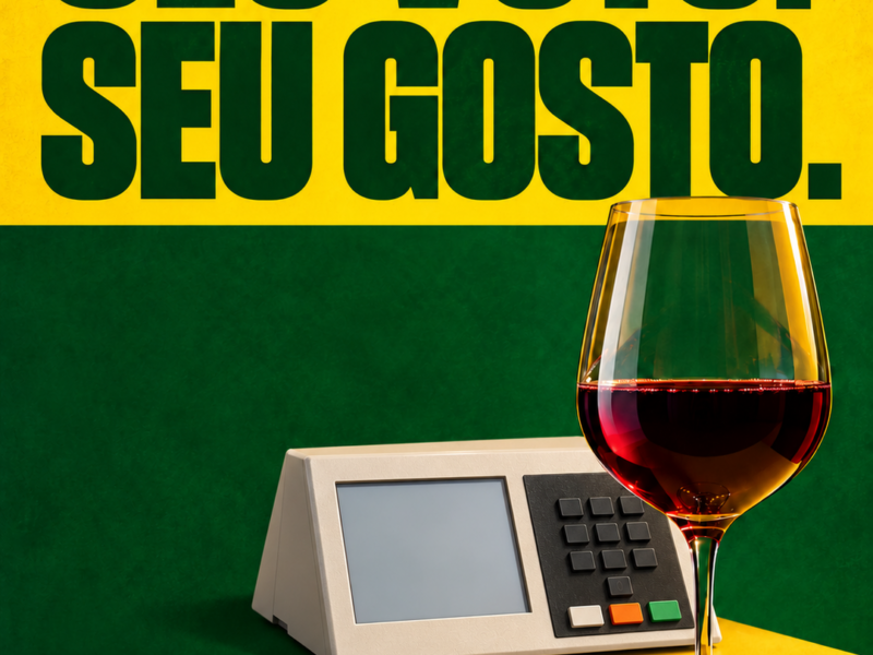 Seu voto. Seu gosto. Card da Better Wine em verde e amarelo com taça de vinho e urna eletrônica brasileira.